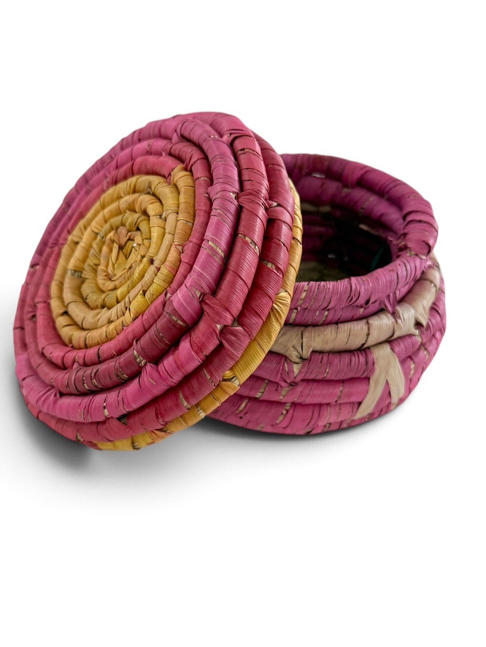 Handwoven Seagrass Trinket stash Box Pink and Yellow Home Accents